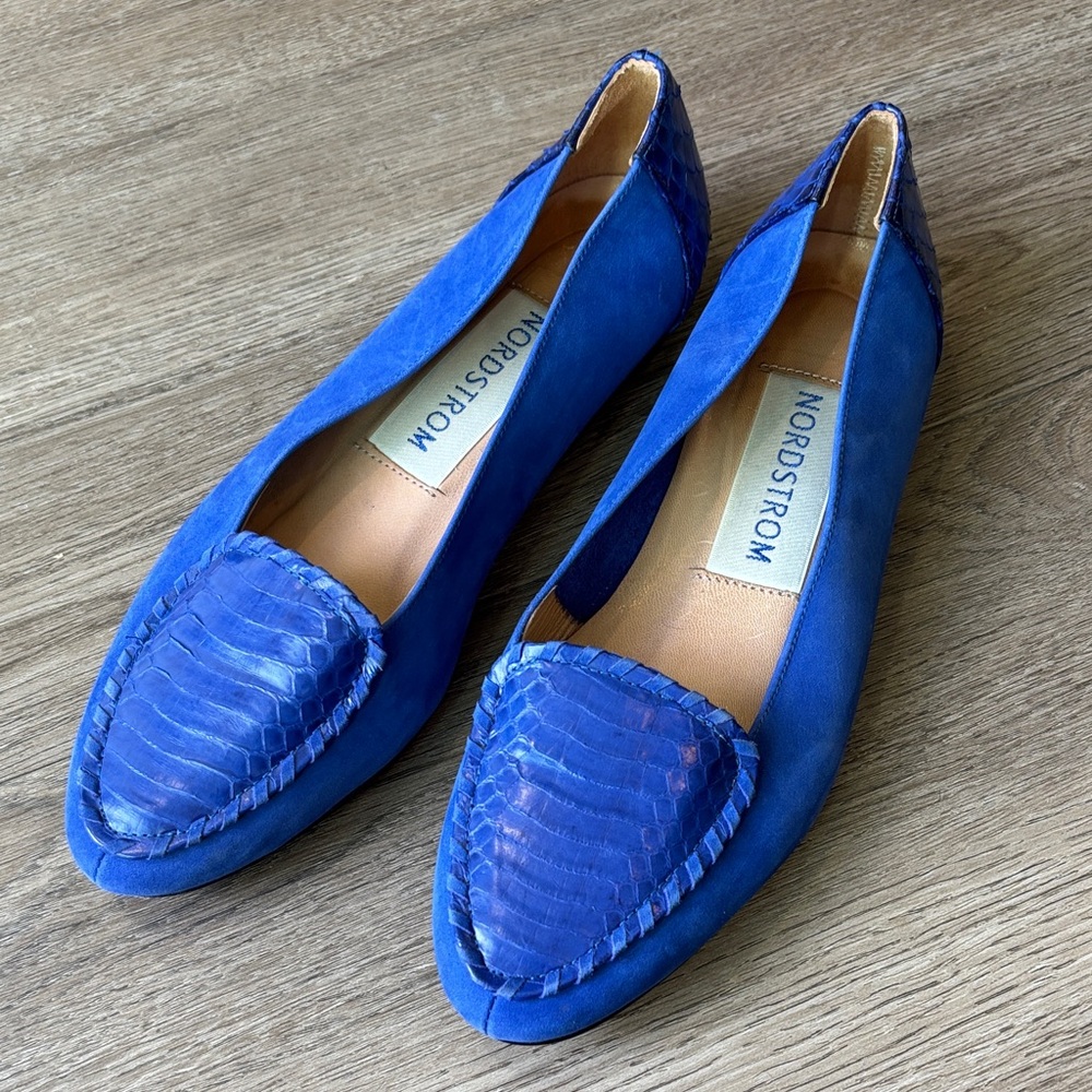 Nordstrom Michelle Vibrant Blue Snakeskin Leather Suede Slip On Flats, Old Money